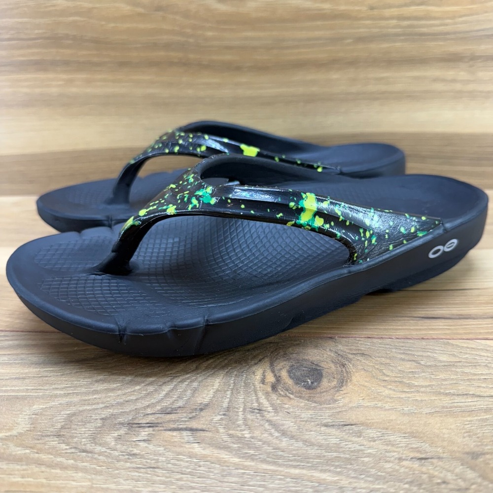 Oofos Sandals 5 Thong Black Green Comfort Slip On Recovery Walking EU 36